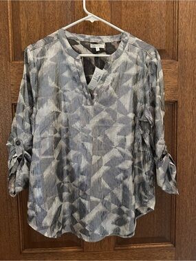 Maurice’s  black and silver Abstract Print Tunic with Roll-Tab Sleeves- metallic